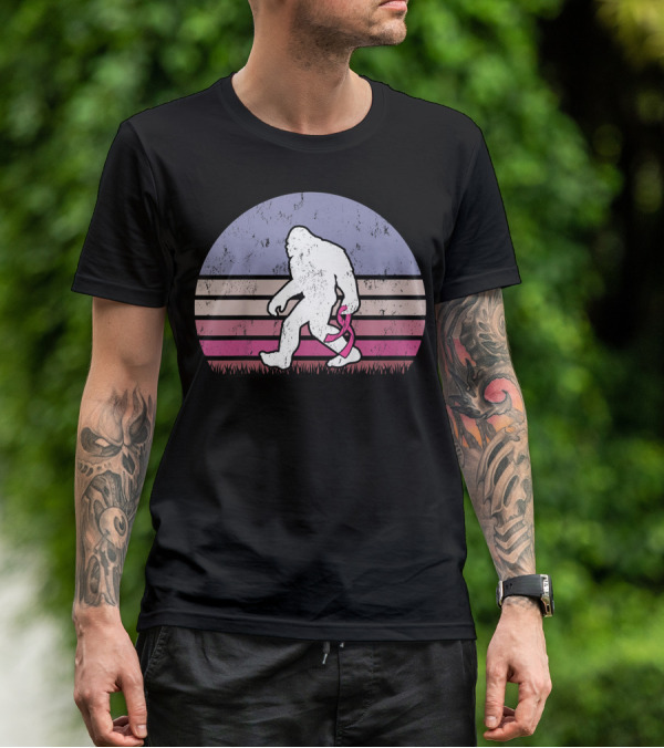 Vintage Bigfoot Breast Cancer Awareness Pink Ribbon Retro Stripes T-Shirt