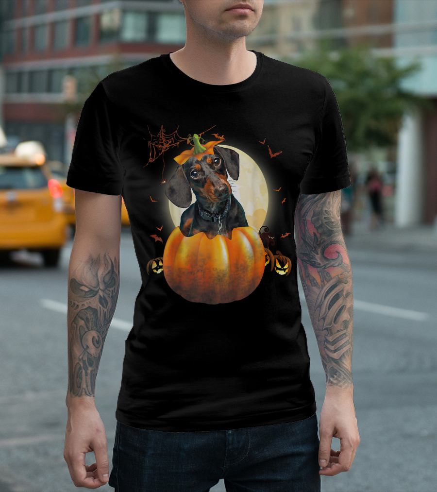 Halloween Funny Dachshund Pumpkin Moon Bats Spiderweb T-Shirt