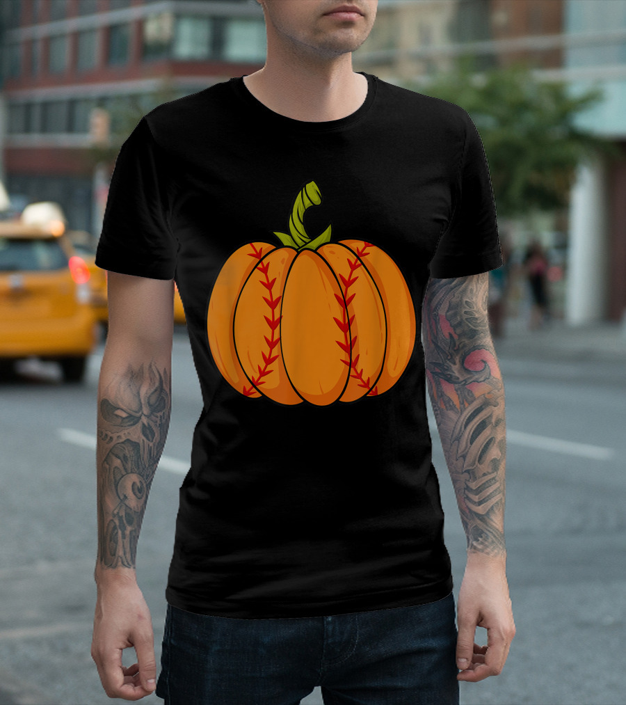 Thanksgiving Baseball Halloween Pumpkin Boys Pitcher Catcher Colorful Stitched T-Shirt