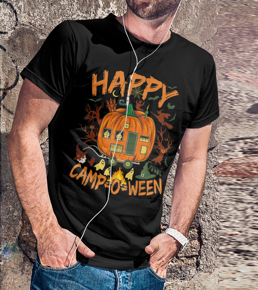 Happy Camp O Ween Halloween Camping Camper With Pumpkin, Ghosts, And Witch Hat T-Shirt
