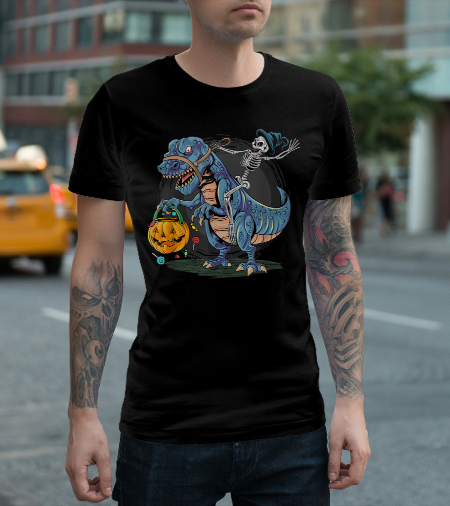 Skeleton With Candy Pumpkin Riding Rex Halloween T-Shirt