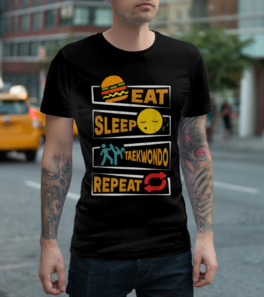 Eat Sleep Taekwondo Repeat Funny Taekwondo Emoji Style with Burger and Sleep T-Shirt