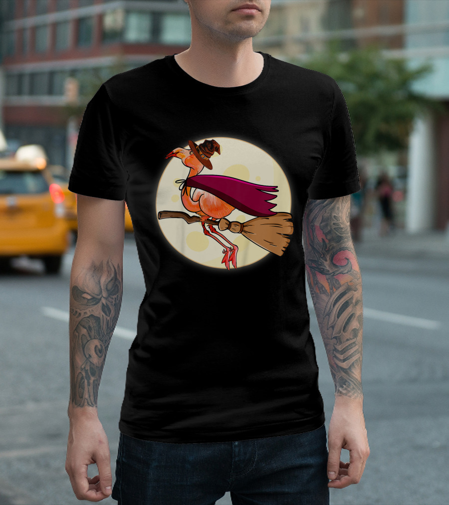 Funny Flamingo Witch Halloween Costume Colorful Lovers Broomstick Moon Hat T-Shirt