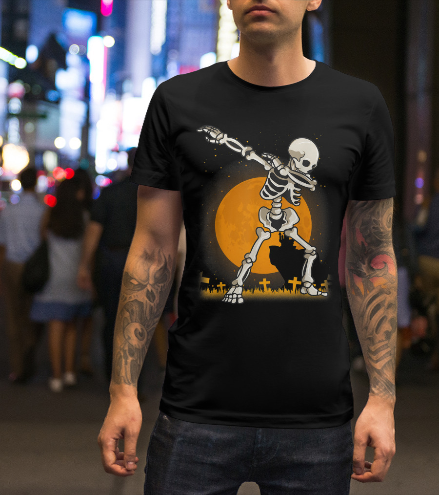Dabbing Skeleton Dab Best Costume Halloween Moon Graveyard T-Shirt
