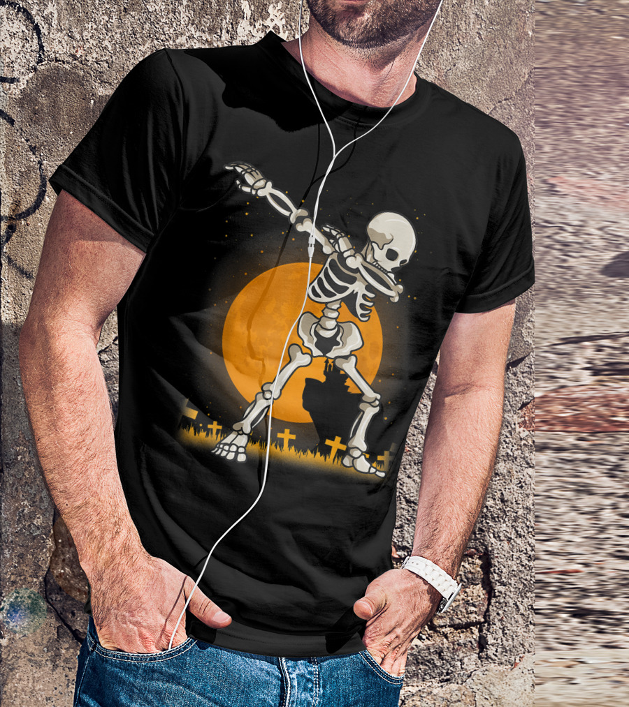 Dabbing Skeleton Dab Best Costume Halloween Moon Graveyard T-Shirt