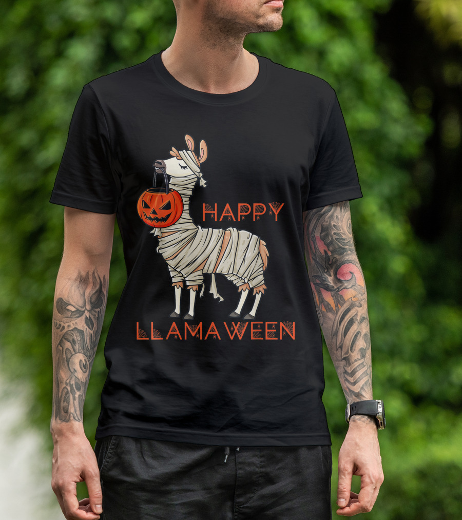 Halloween Llama Mummy Holding Pumpkin Happy Llamaween T-Shirt