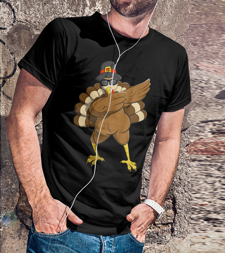 Happy Thanksgiving Day Family Funny Dab Turkey With Pilgrim Hat T-Shirt
