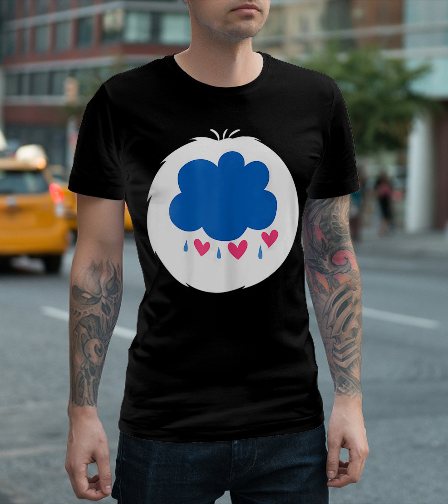 Grumpy Care Bear Blue Cloud with Hearts and Raindrops T-Shirt