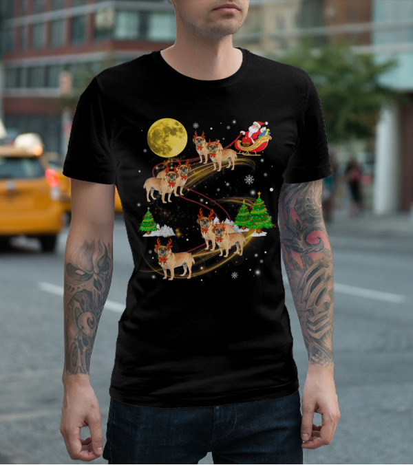 Puggle Reindeer Christmas Santa Sleigh Full Moon Holiday Scene T-Shirt