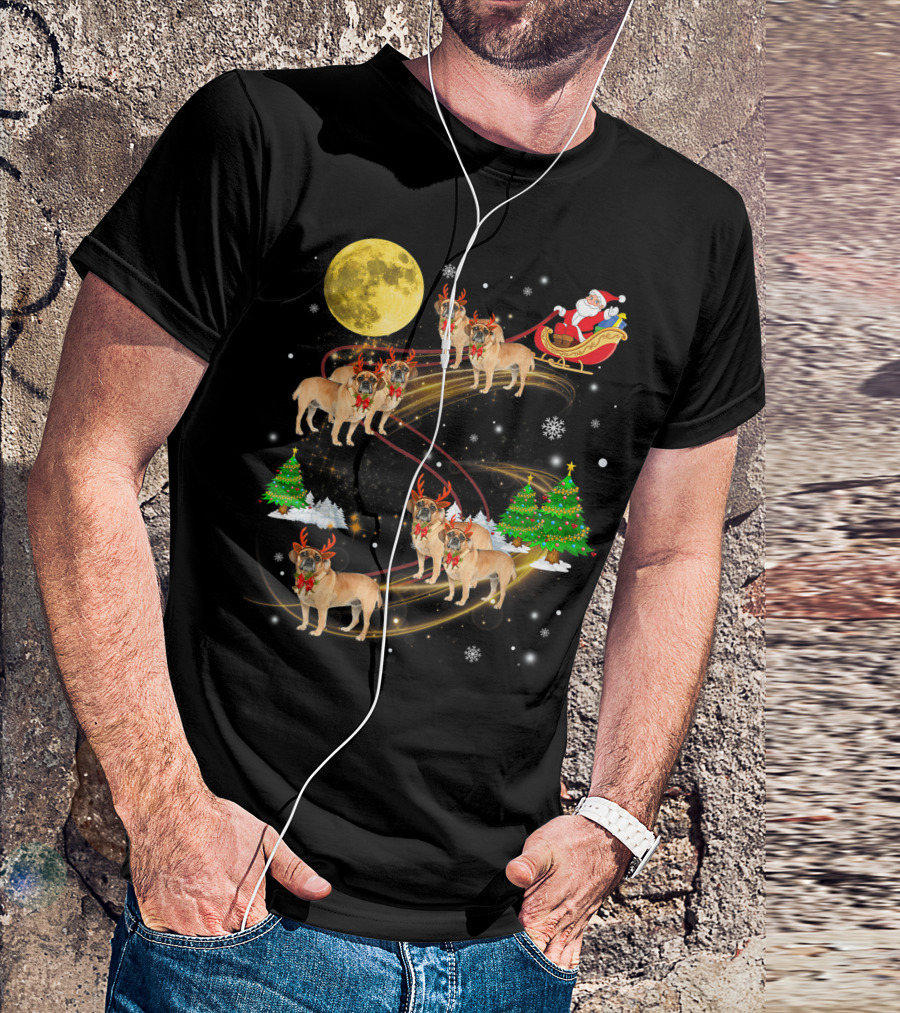 Puggle Reindeer Christmas Santa Sleigh Full Moon Holiday Scene T-Shirt