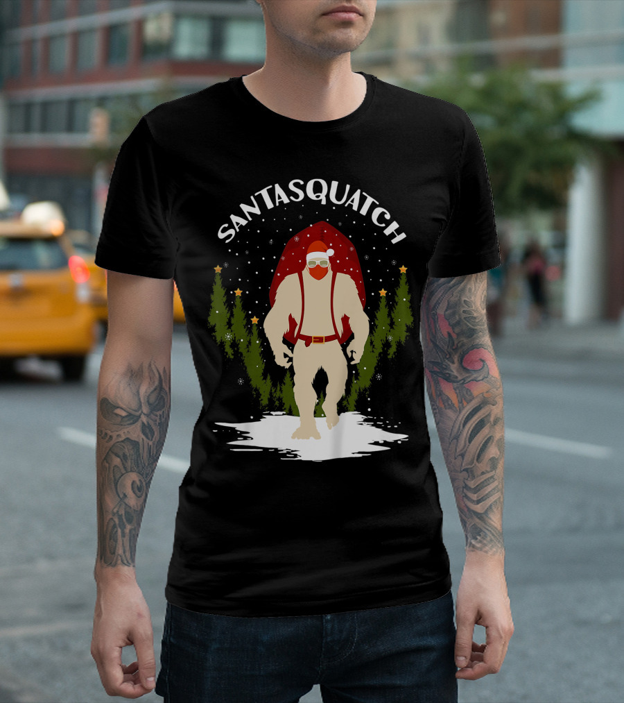 Santasquatch Bigfoot Christmas Santa Hat with Trees and Snowflakes T-Shirt