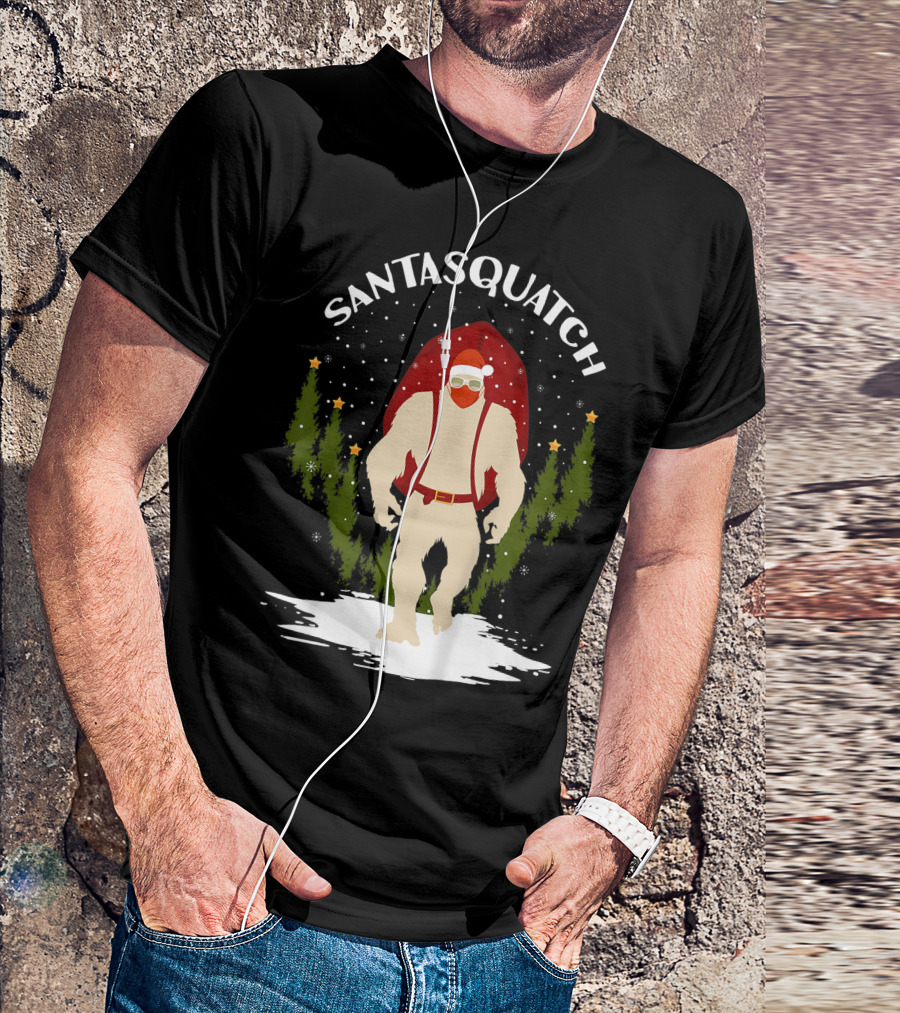 Santasquatch Bigfoot Christmas Santa Hat With Trees And Snowflakes T-Shirt