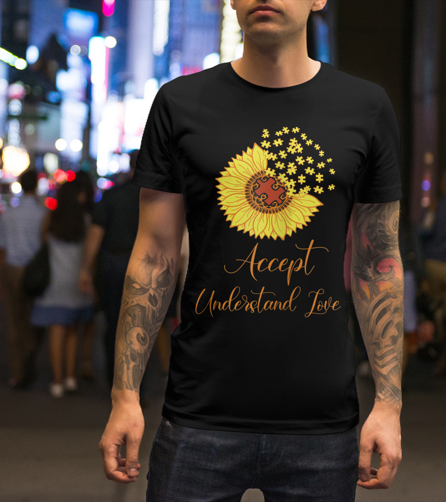 Sunflower Autism Awareness Month Accept Understand Love Puzzle Piece T-Shirt