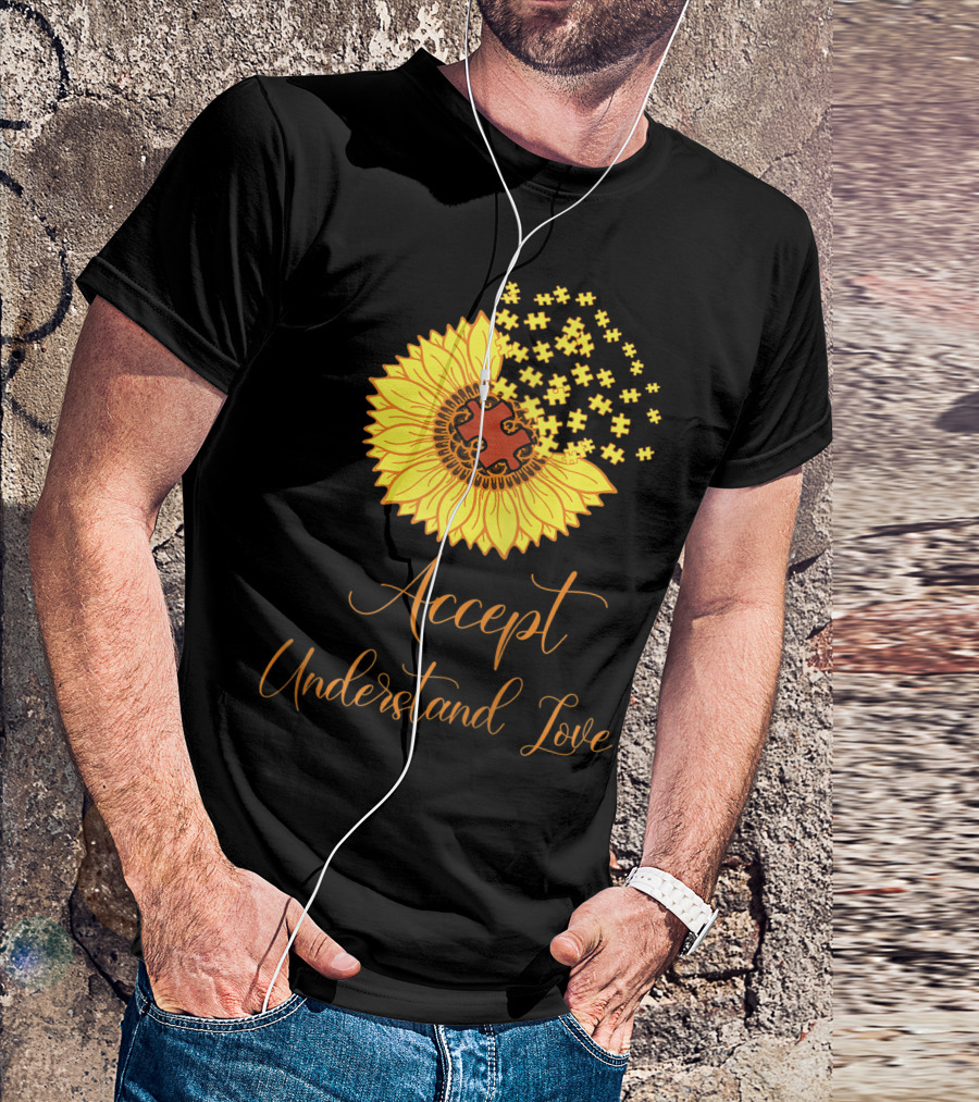 Sunflower Autism Awareness Month Accept Understand Love Puzzle Piece T-Shirt