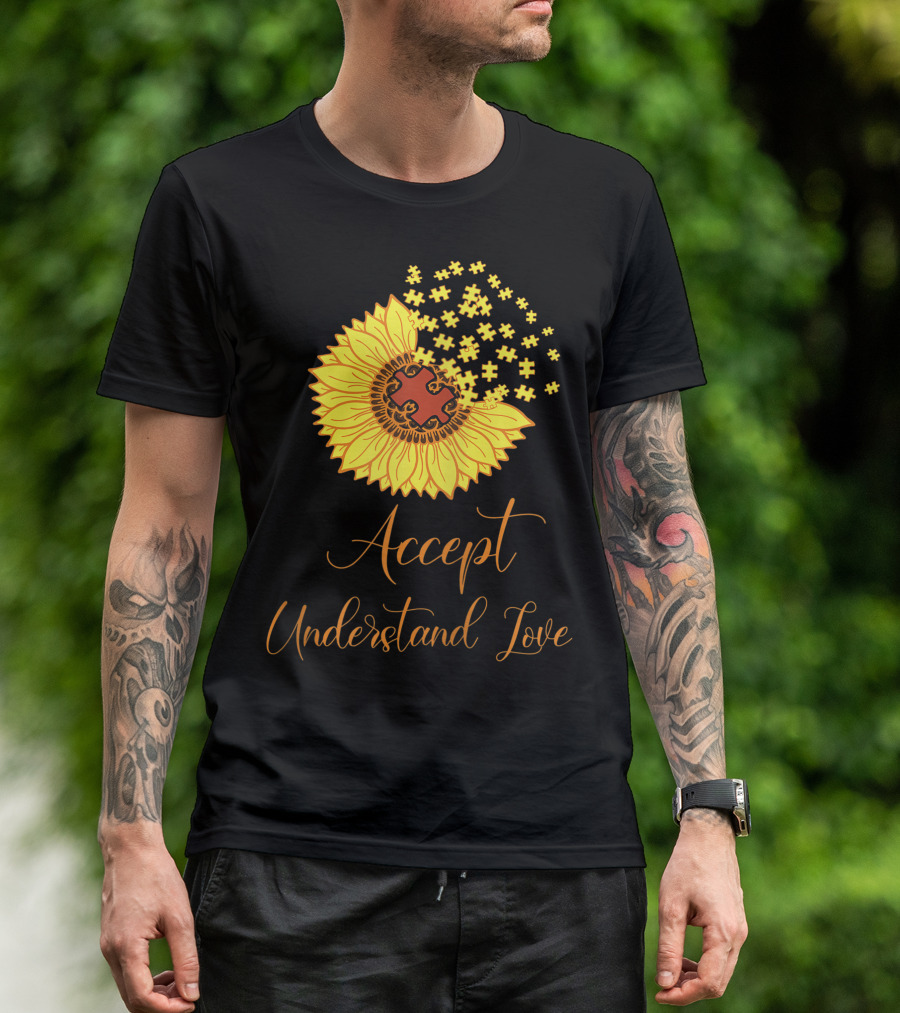 Sunflower Autism Awareness Month Accept Understand Love Puzzle Piece T-Shirt