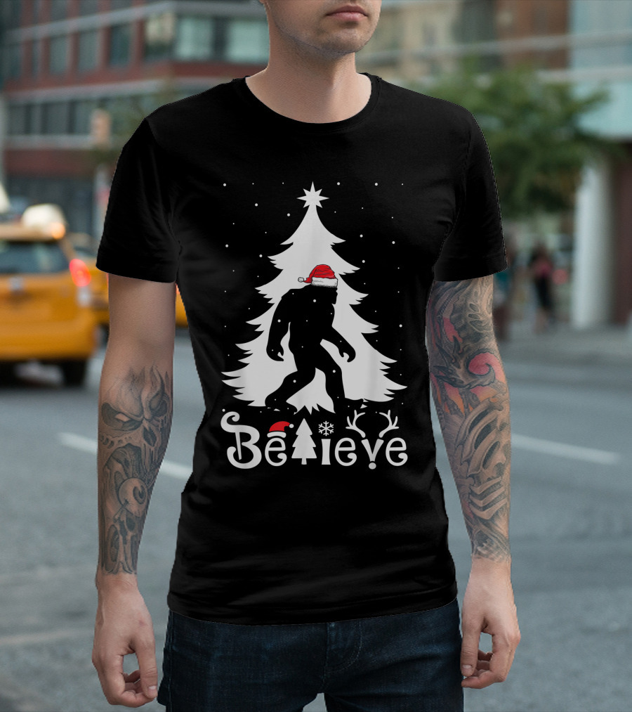 Believe Bigfoot Christmas Santa Hat Snowflakes T-Shirt