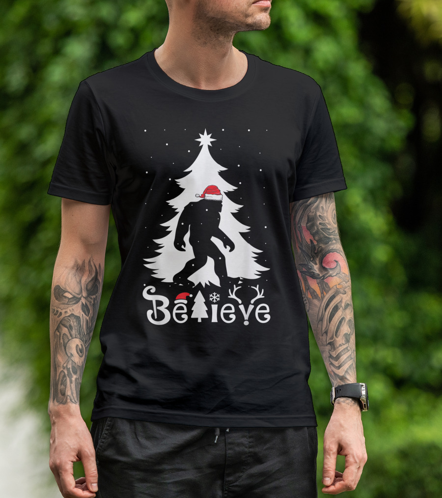 Believe Bigfoot Christmas Santa Hat Snowflakes T-Shirt