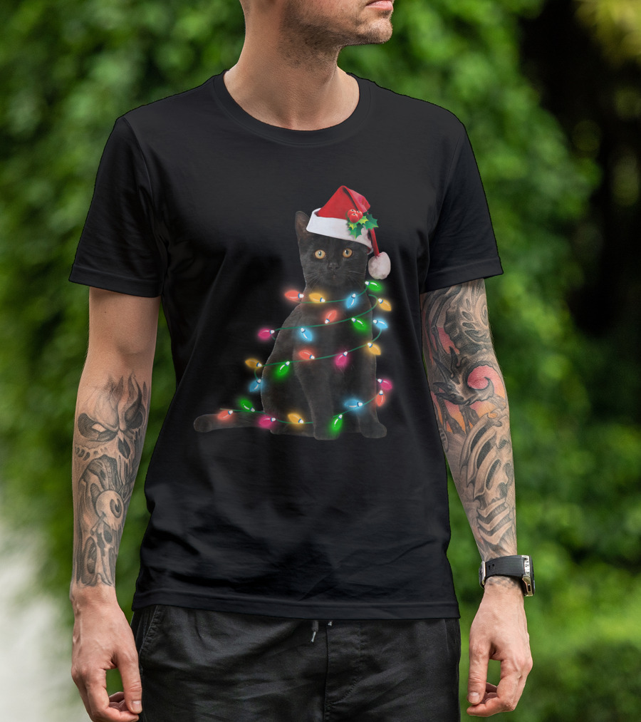 Black Cat In Christmas Lights With Santa Hat For Funny Cat Lover T-Shirt