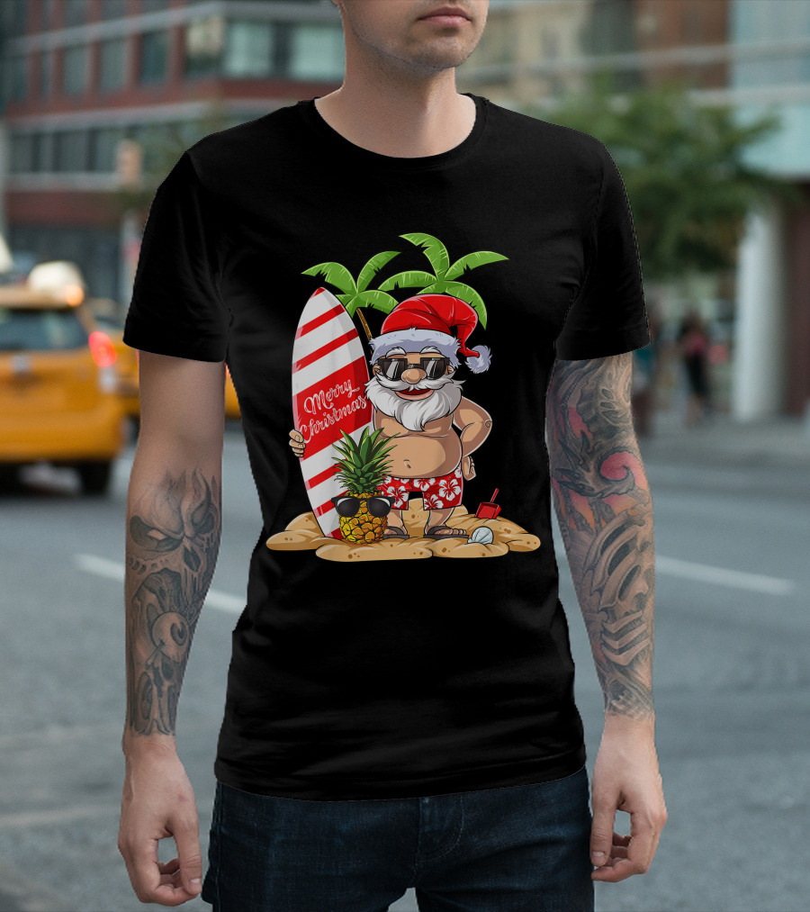 Merry Christmas Santa Hawaiian Surfing Summer Fun Pineapple Beach T-Shirt