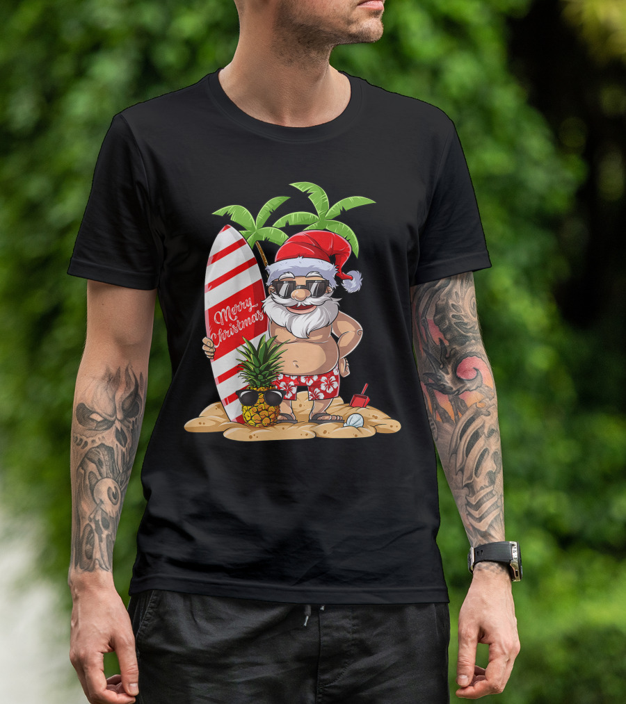 Merry Christmas Santa Hawaiian Surfing Summer Fun Pineapple Beach T-Shirt