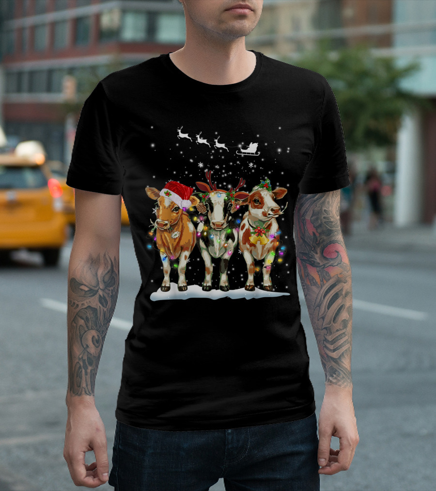 Cow Reindeer Hat Santa Christmas Light Sleigh Snowflakes T-Shirt
