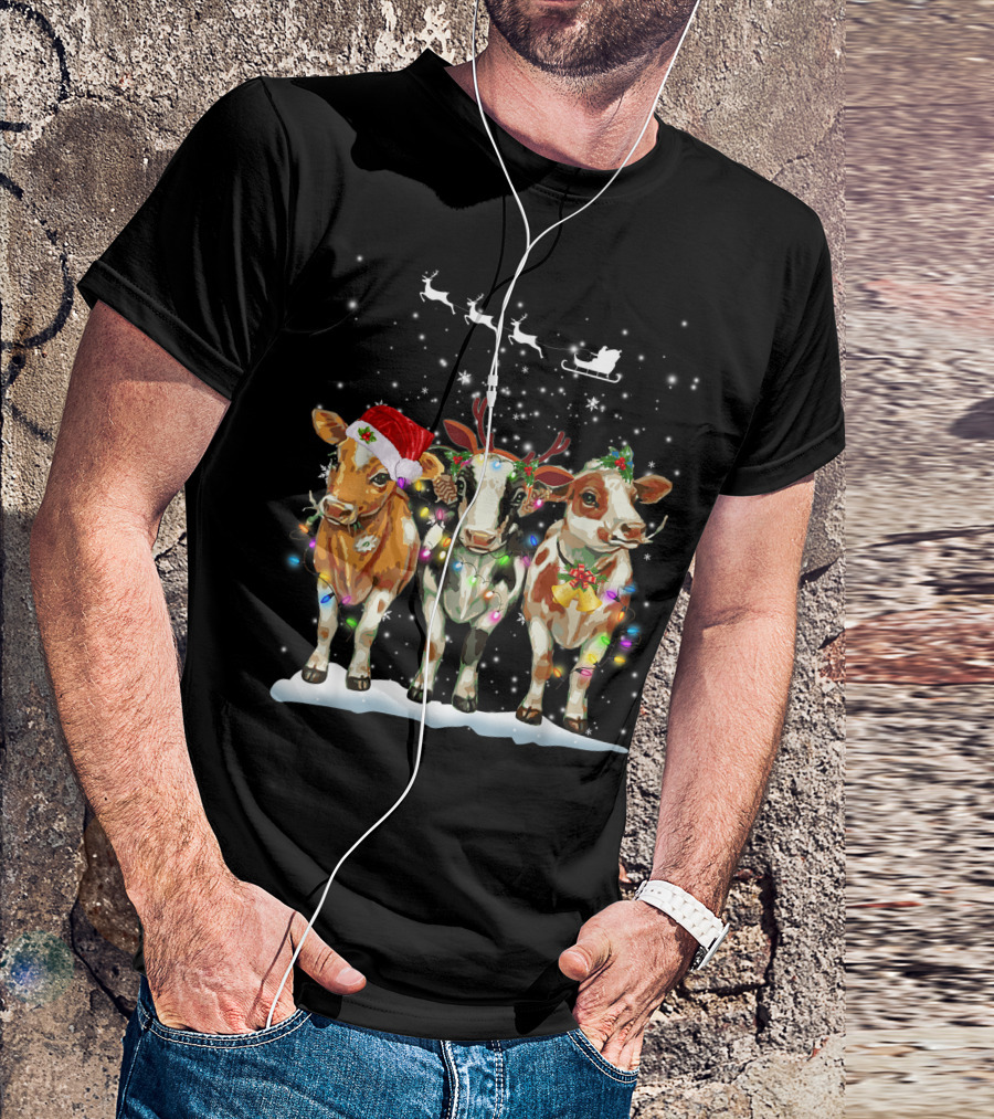 Cow Reindeer Hat Santa Christmas Light Sleigh Snowflakes T-Shirt