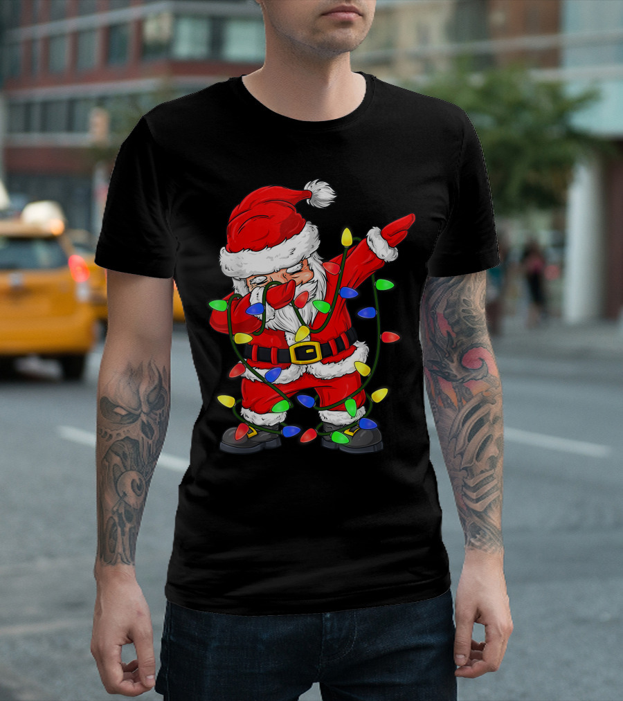 Dabbing Santa Claus Wrapped in Christmas Tree Lights T-Shirt