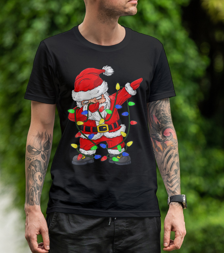 Dabbing Santa Claus Wrapped In Christmas Tree Lights T-Shirt
