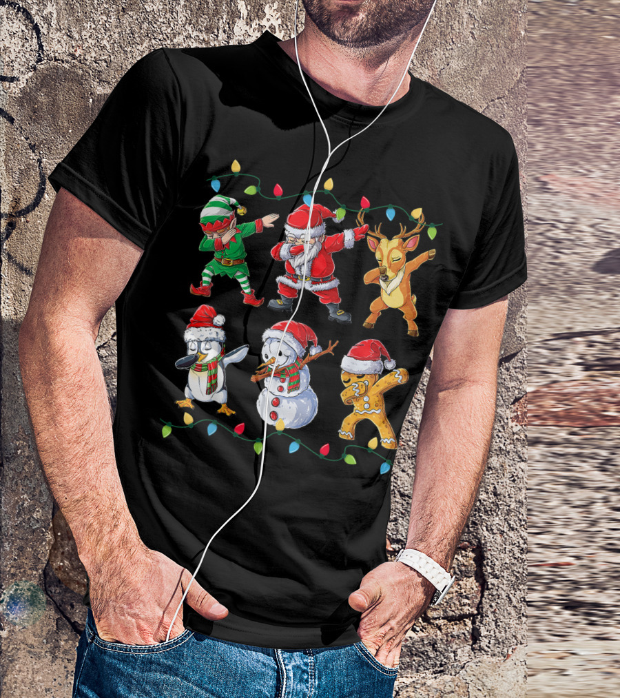 Dabbing Santa Claus Elf Reindeer Penguin Snowman Gingerbread Friends Christmas Lights T-Shirt