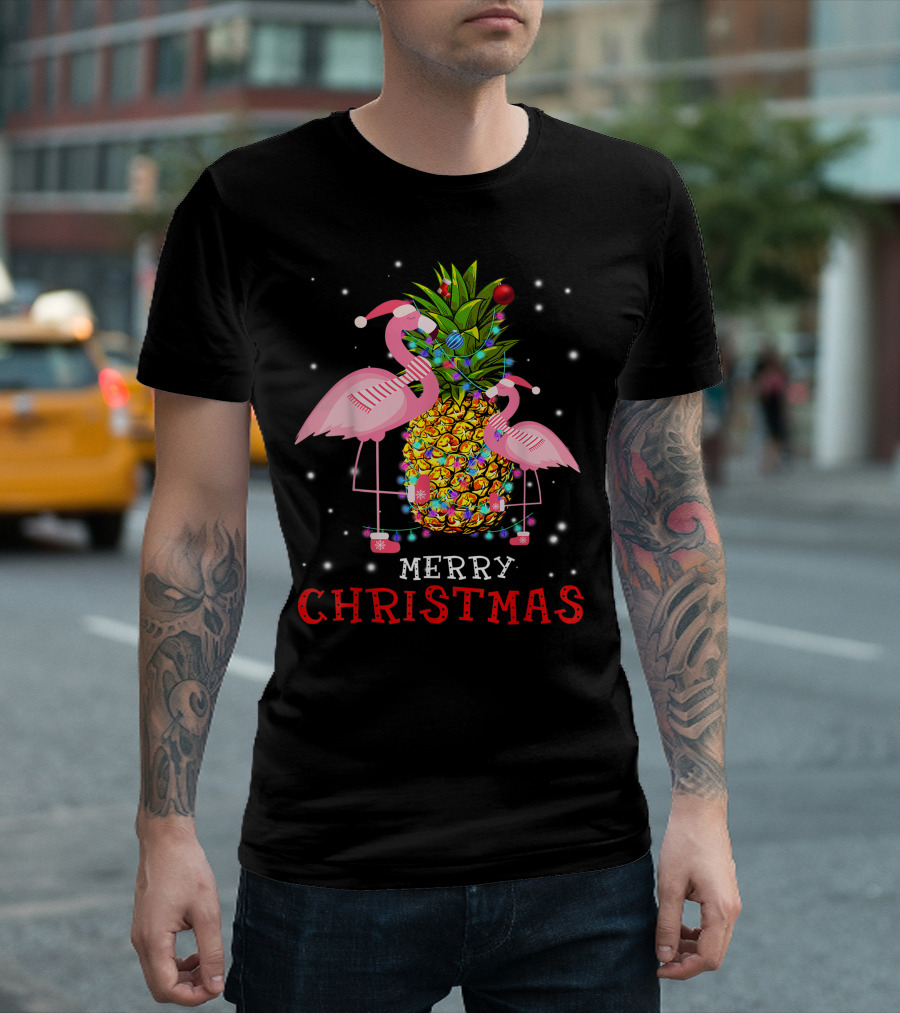 Merry Christmas Flamingo Pineapple with Xmas Lights T-Shirt