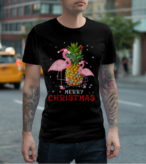 Merry Christmas Flamingo Pineapple With Xmas Lights T-Shirt