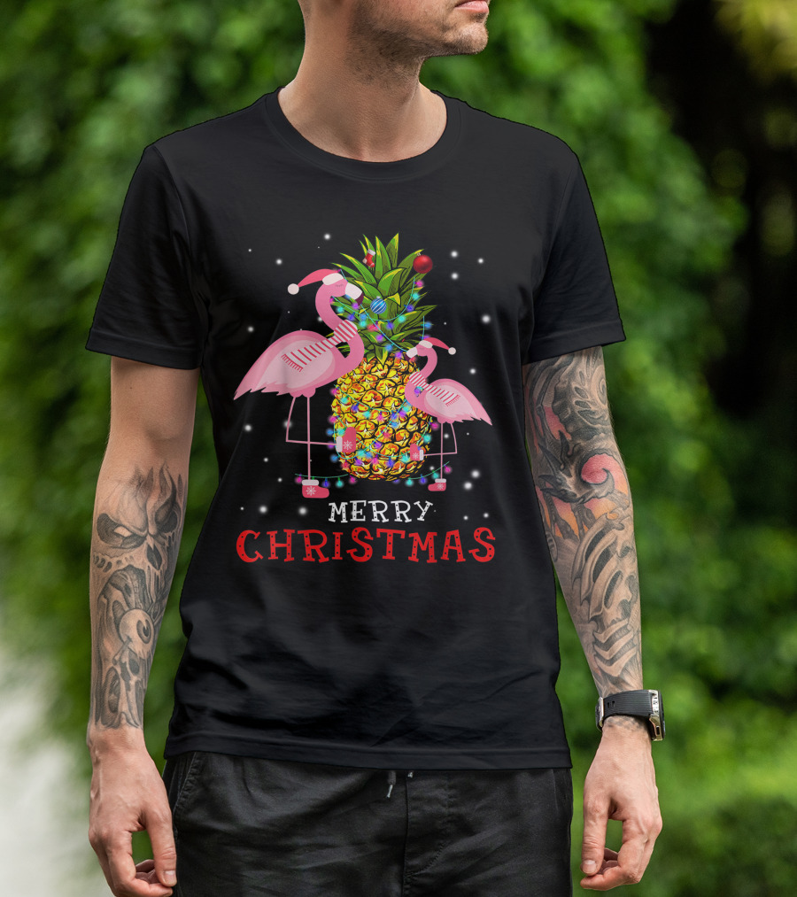 Merry Christmas Flamingo Pineapple With Xmas Lights T-Shirt