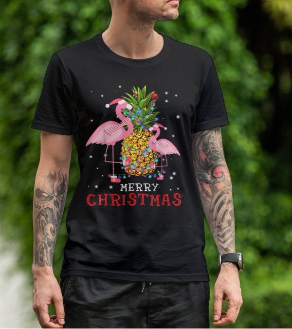 Merry Christmas Flamingo Pineapple With Xmas Lights T-Shirt