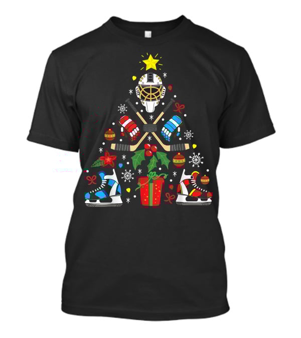 Ice Hockey Christmas Ornament Tree With Skates And Goalie Mask T-Shirt