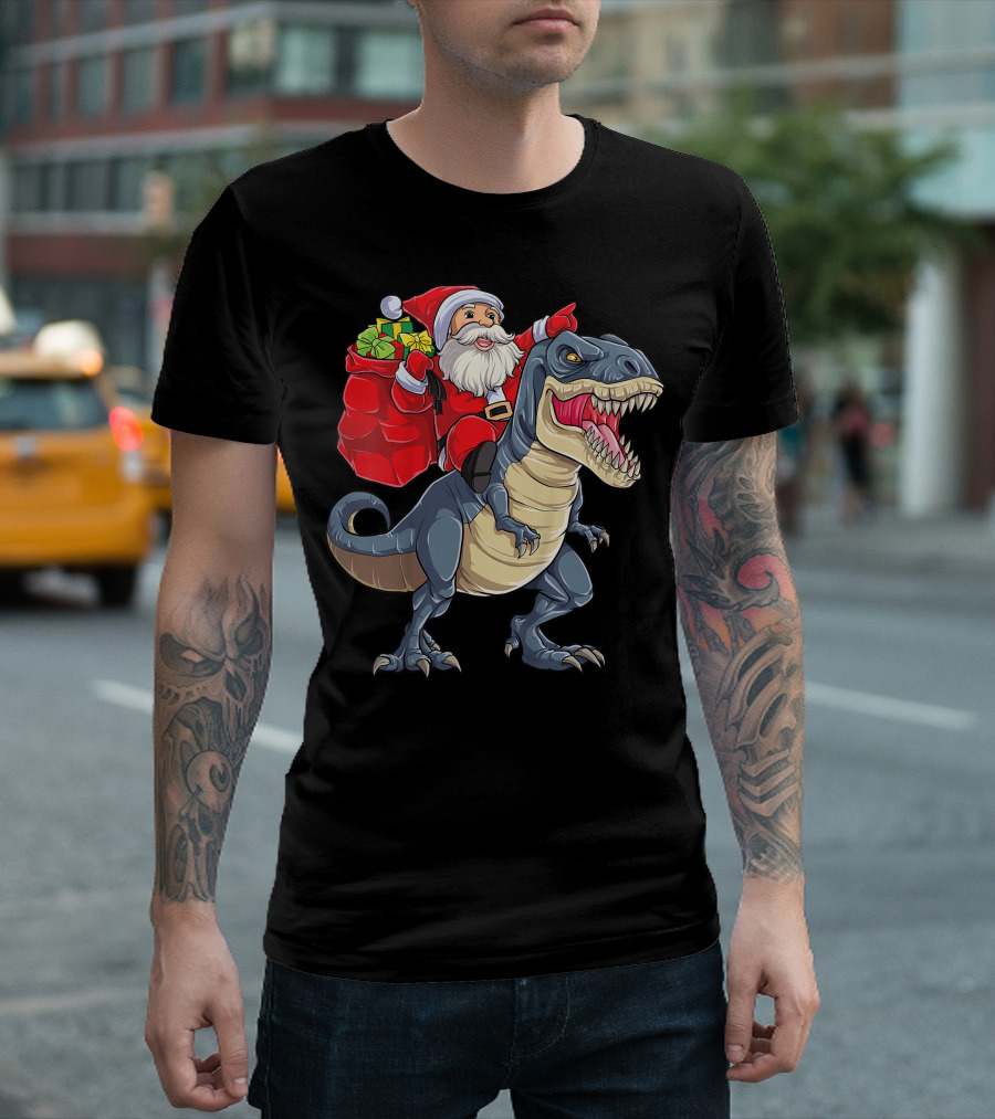 Santa Claus Riding T-Rex with Gifts T-Shirt