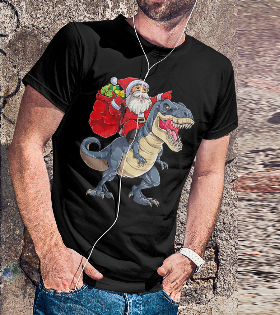Santa Claus Riding T-Rex With Gifts T-Shirt
