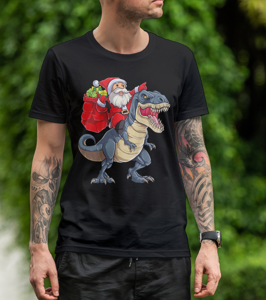 Santa Claus Riding T-Rex With Gifts T-Shirt