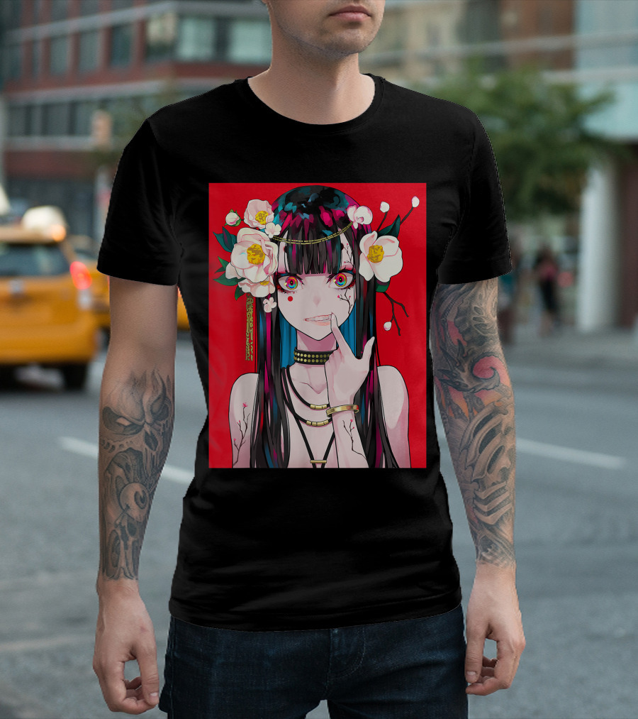 Anime Girl Japanese Aesthetic Otaku Red Background Flowers T-Shirt