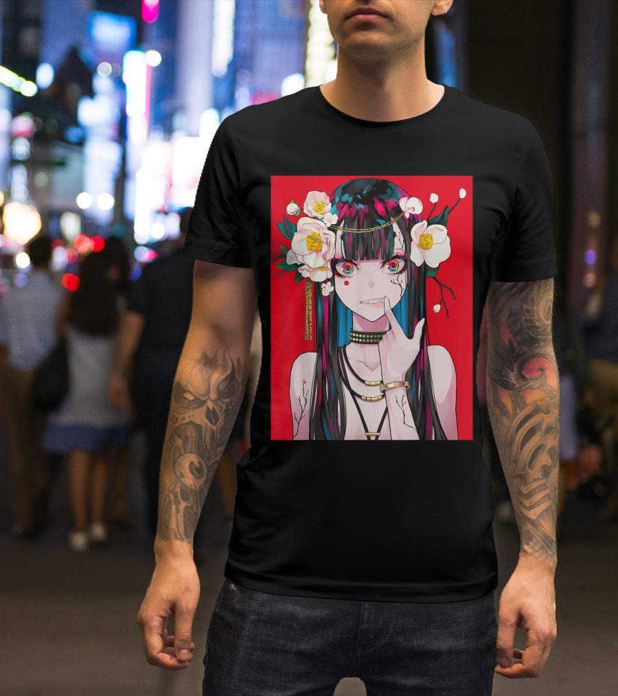 Anime Girl Japanese Aesthetic Otaku Red Background Flowers T-Shirt