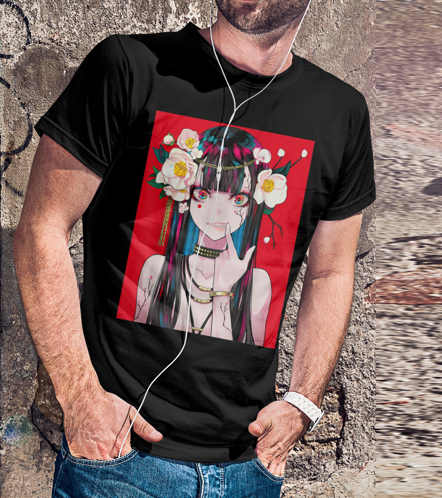 Anime Girl Japanese Aesthetic Otaku Red Background Flowers T-Shirt