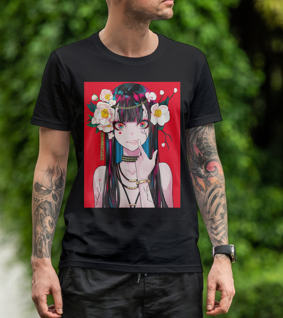 Anime Girl Japanese Aesthetic Otaku Red Background Flowers T-Shirt