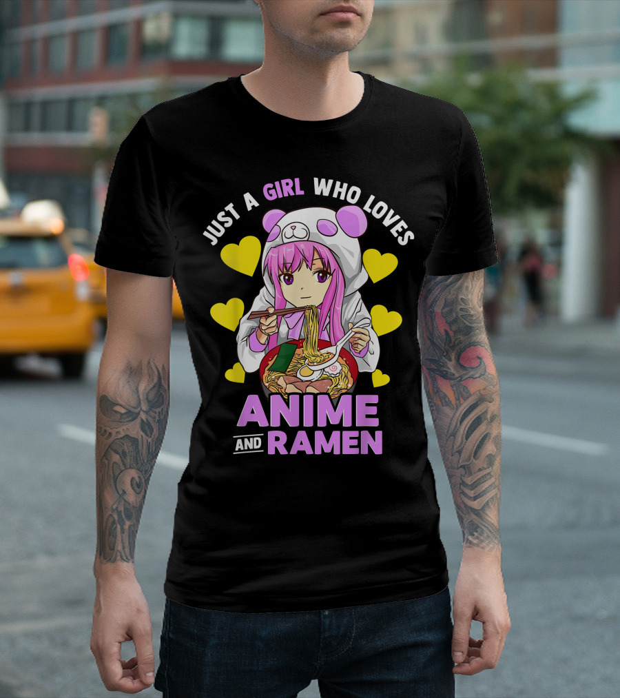Just A Girl Who Loves Anime and Ramen Panda Hoodie Pink Hair T-Shirt