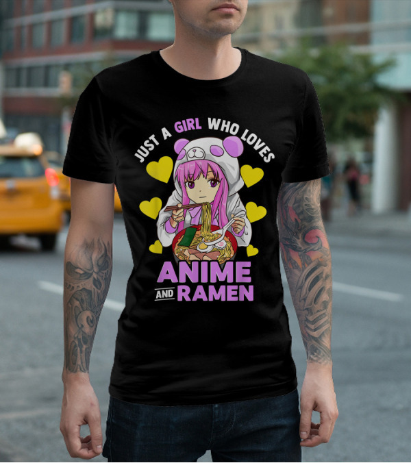 Just A Girl Who Loves Anime And Ramen Panda Hoodie Pink Hair T-Shirt