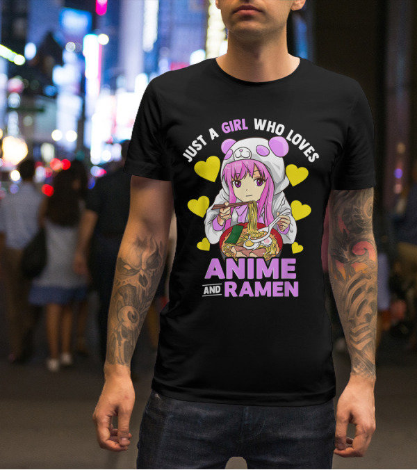 Just A Girl Who Loves Anime And Ramen Panda Hoodie Pink Hair T-Shirt