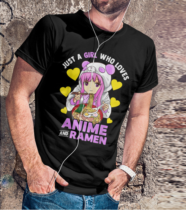 Just A Girl Who Loves Anime And Ramen Panda Hoodie Pink Hair T-Shirt