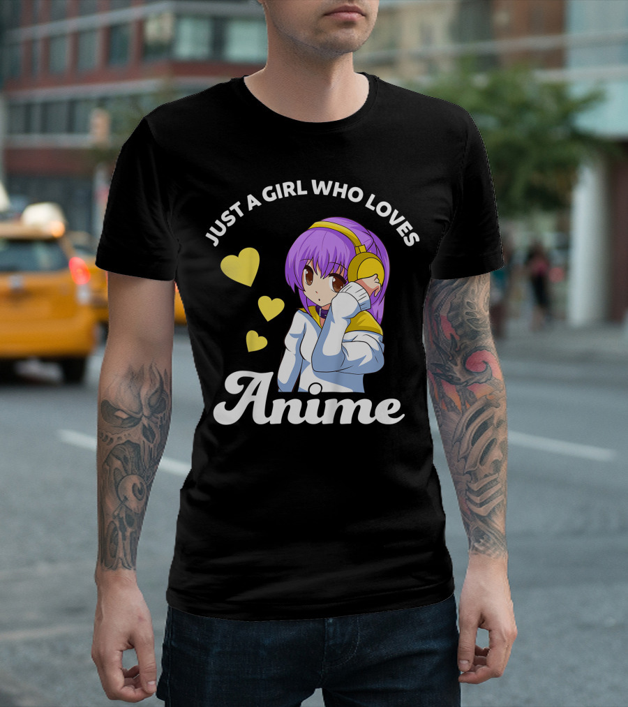 Just A Girl Who Loves Anime Manga Anime Anime Headphones Girl with Hearts T-Shirt