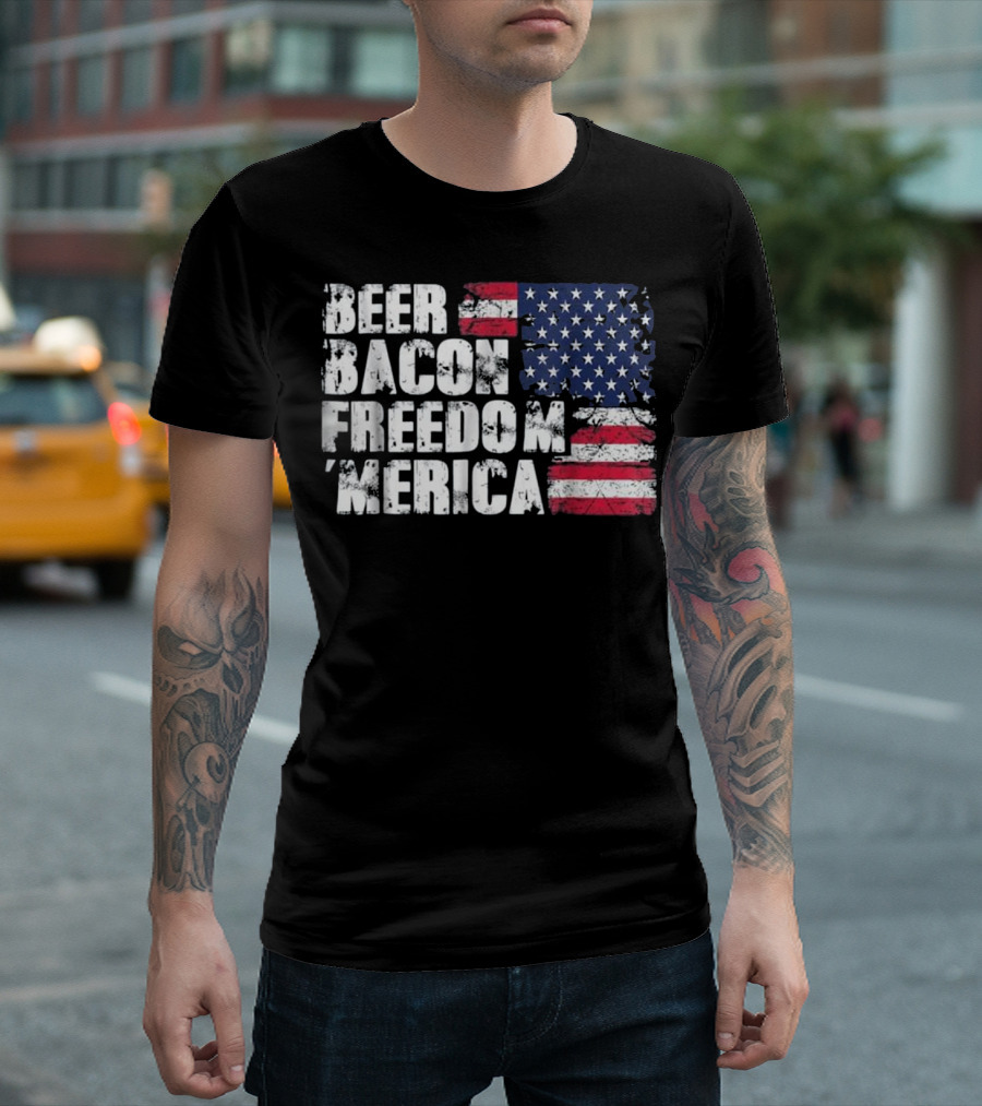 Beer Bacon Freedom Merica American Flag Patriotic T-Shirt