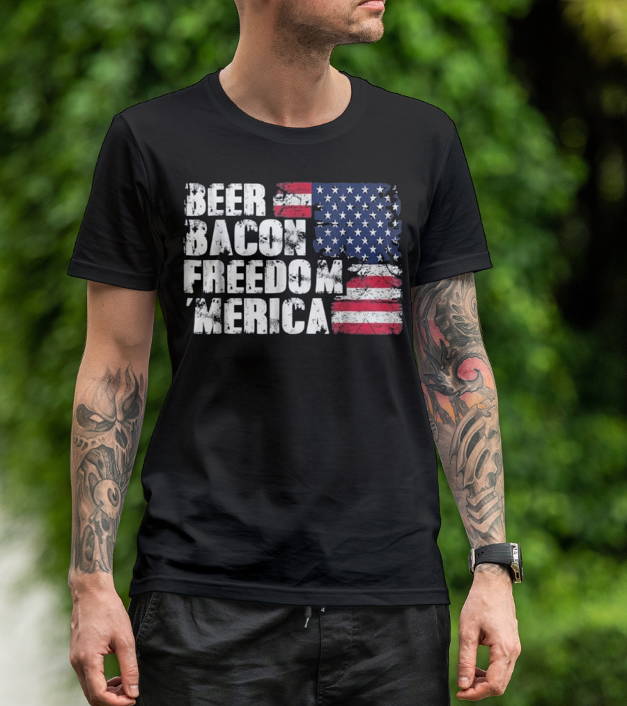 Beer Bacon Freedom Merica American Flag Patriotic T-Shirt