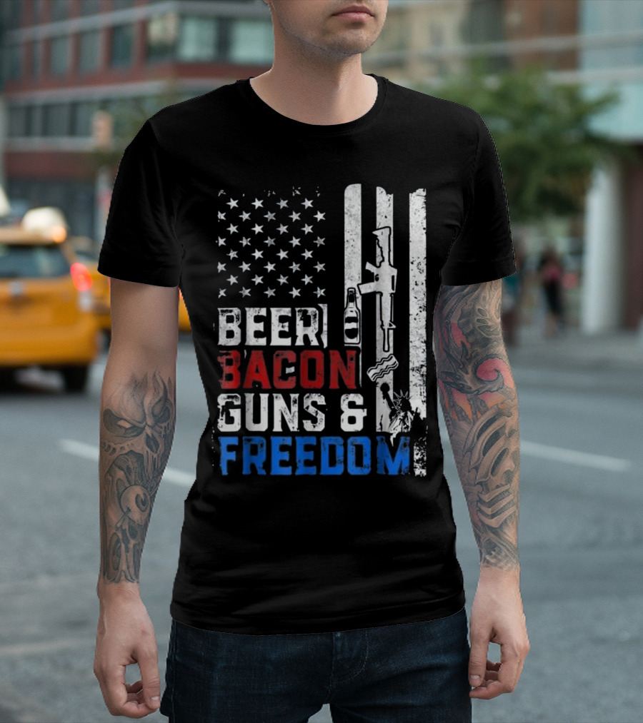 Beer Bacon Guns and Freedom American Flag with Rifle and Liberty Statue T-Shirt