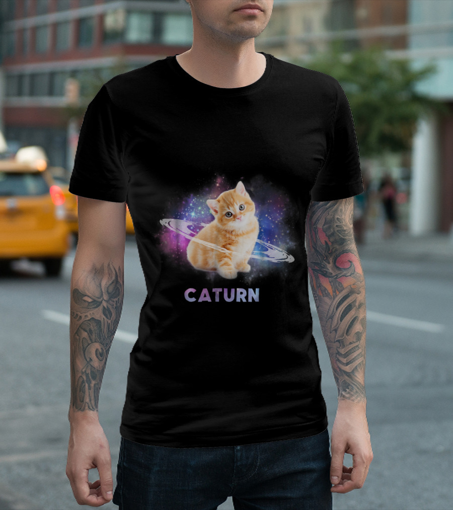 Caturn Cat in Space with Cosmic Cat and Ring of Saturn T-Shirt